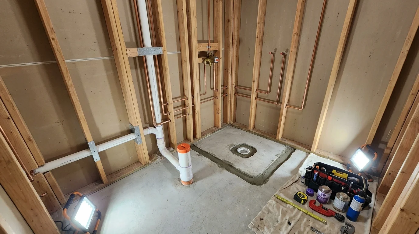 Bathroom rough-in plumbing during remodel by Johns Plumbing LLC in Mamaroneck