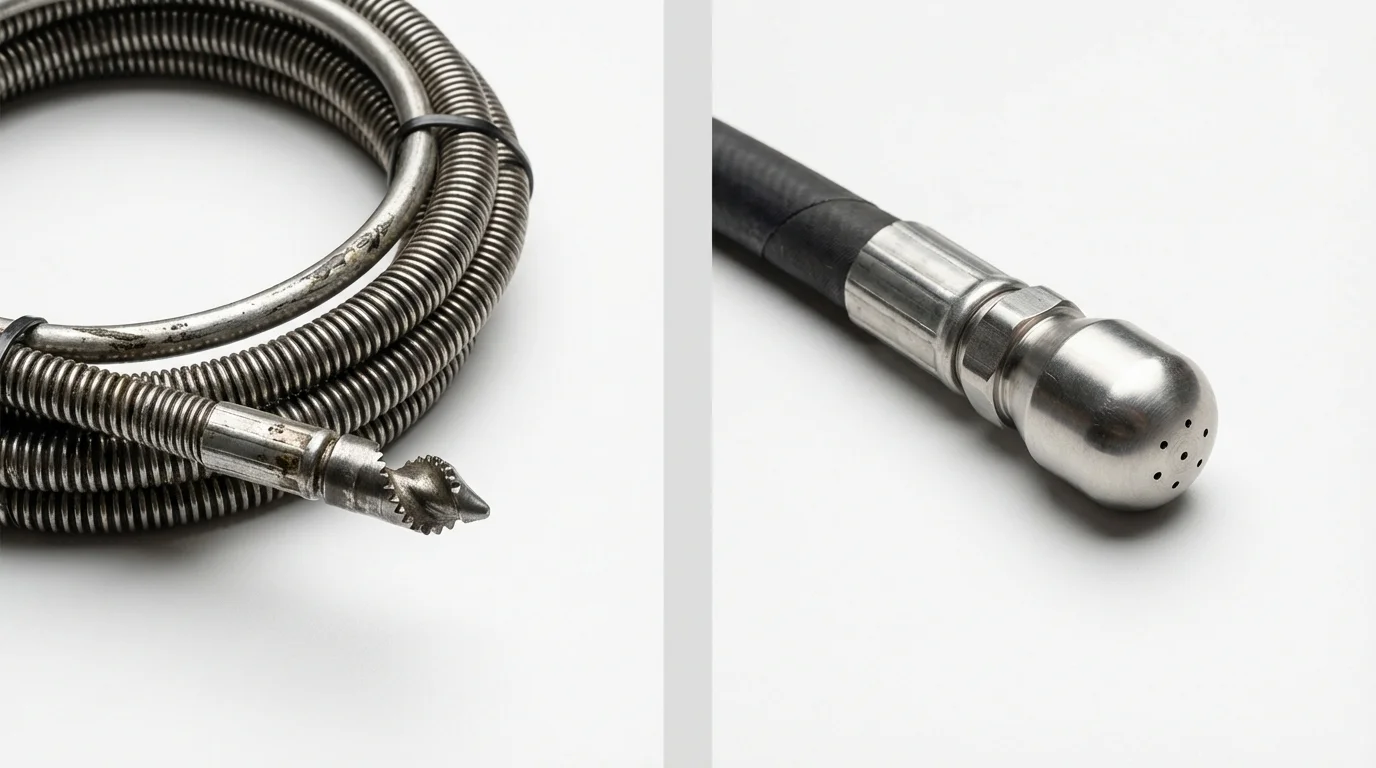 Drain snake cable and hydro jetting nozzle used for drain cleaning in Mamaroneck, NY