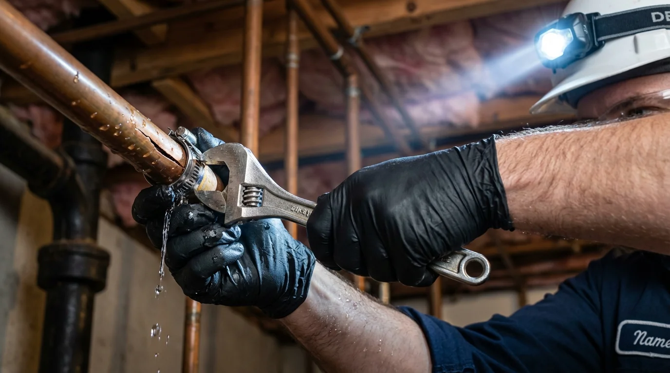 Emergency pipe clamp repair being performed by a Johns Plumbing LLC plumber in Mamaroneck
