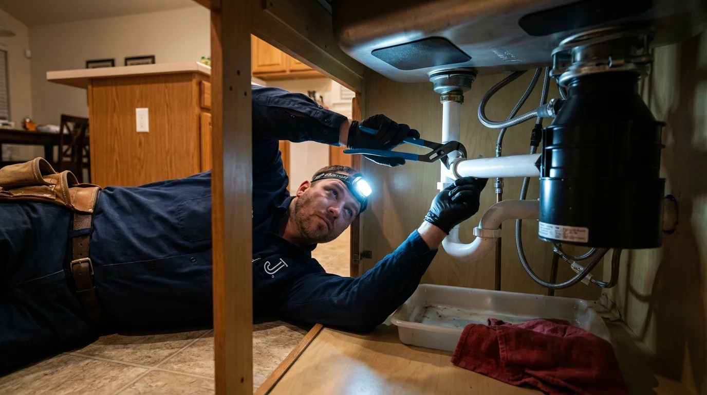 P-trap and supply line connections under a kitchen sink showing a common leak point in Mamaroneck, NY